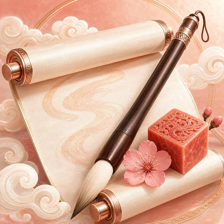 Bút lông trên giá gỗ, ấn triện son và cuộn giấy ngà hoa văn mây vàng