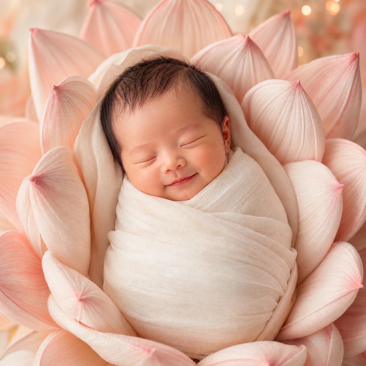 Bé sơ sinh Việt Nam ngủ ngon trong nôi hoa sen màu hồng